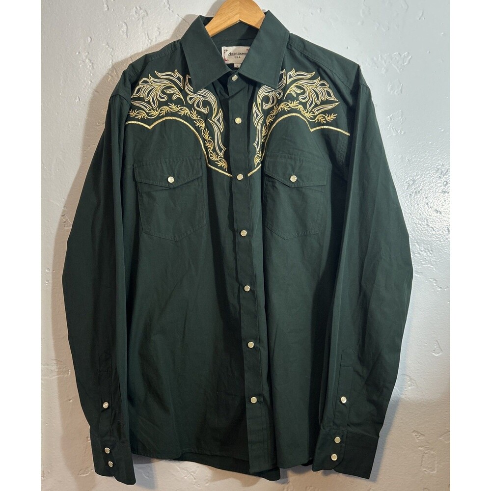 Ace Of Diamond Shirt Men Large Green Gold Pearl Snap Western Cowboy Embroidered